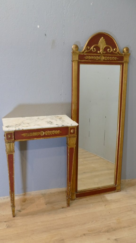Console d'entre-deux et son miroir en bois laqué rouge et doré – Style Empire, Italie, début XX-photo-5