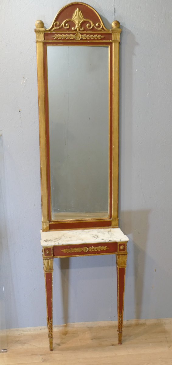 Console d'entre-deux et son miroir en bois laqué rouge et doré – Style Empire, Italie, début XX