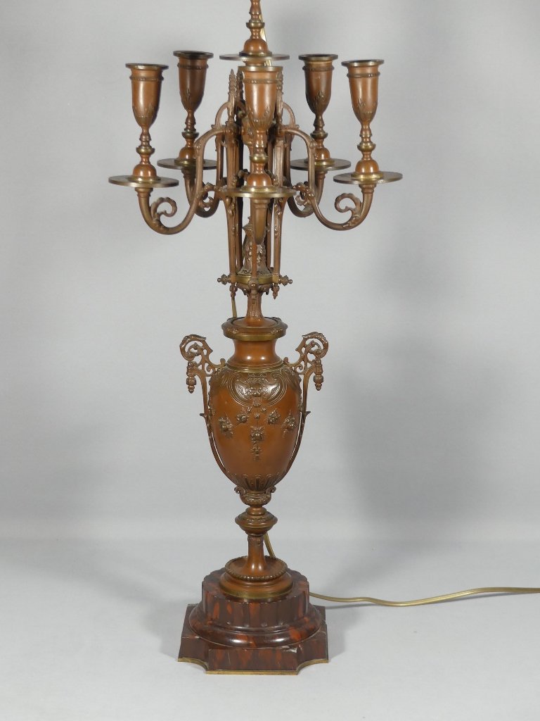 Importante lampe candélabre en bronze patiné à cinq bras de lumière – Époque Napoléon III, XIXe-photo-2
