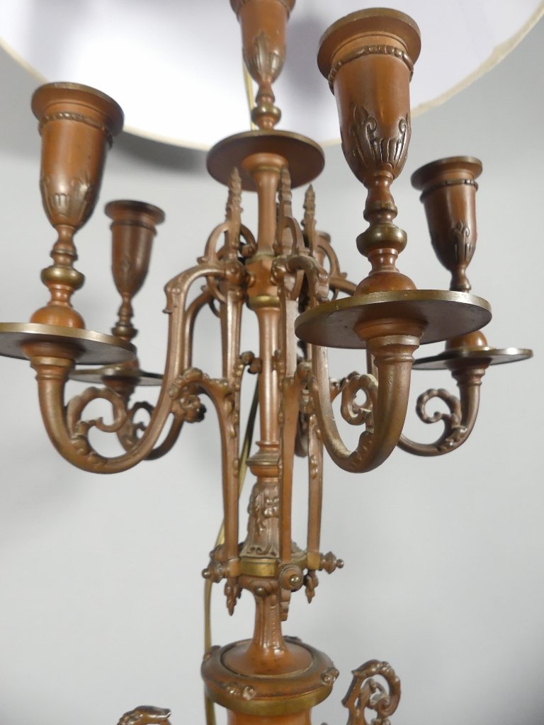 Importante lampe candélabre en bronze patiné à cinq bras de lumière – Époque Napoléon III, XIXe-photo-2