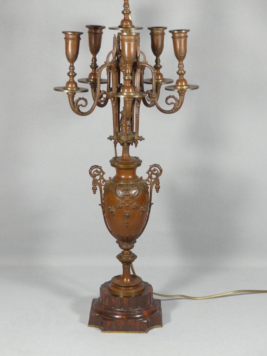 Importante lampe candélabre en bronze patiné à cinq bras de lumière – Époque Napoléon III, XIXe-photo-3