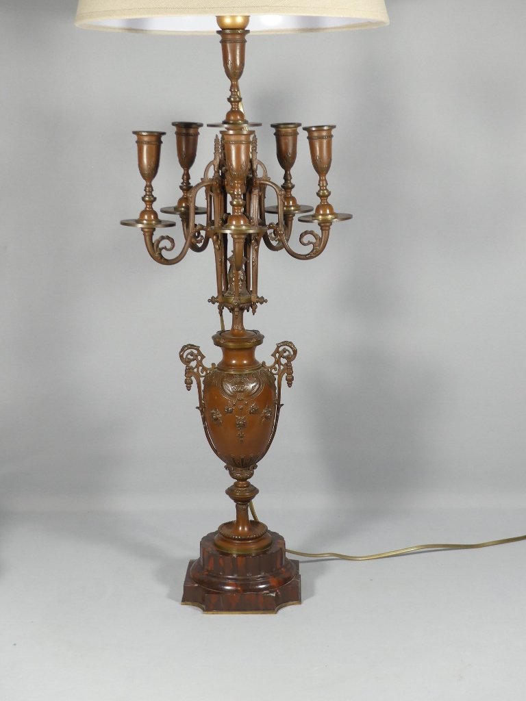 Importante lampe candélabre en bronze patiné à cinq bras de lumière – Époque Napoléon III, XIXe-photo-4