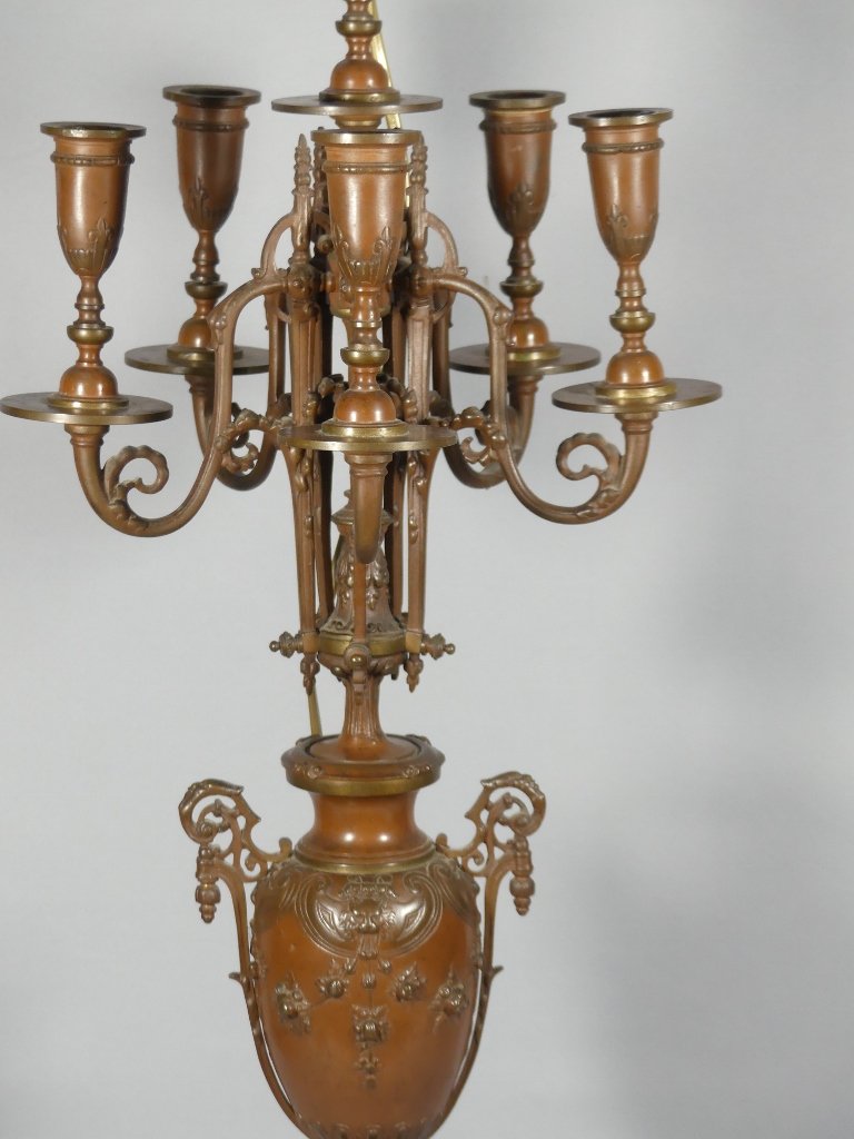Importante lampe candélabre en bronze patiné à cinq bras de lumière – Époque Napoléon III, XIXe-photo-5