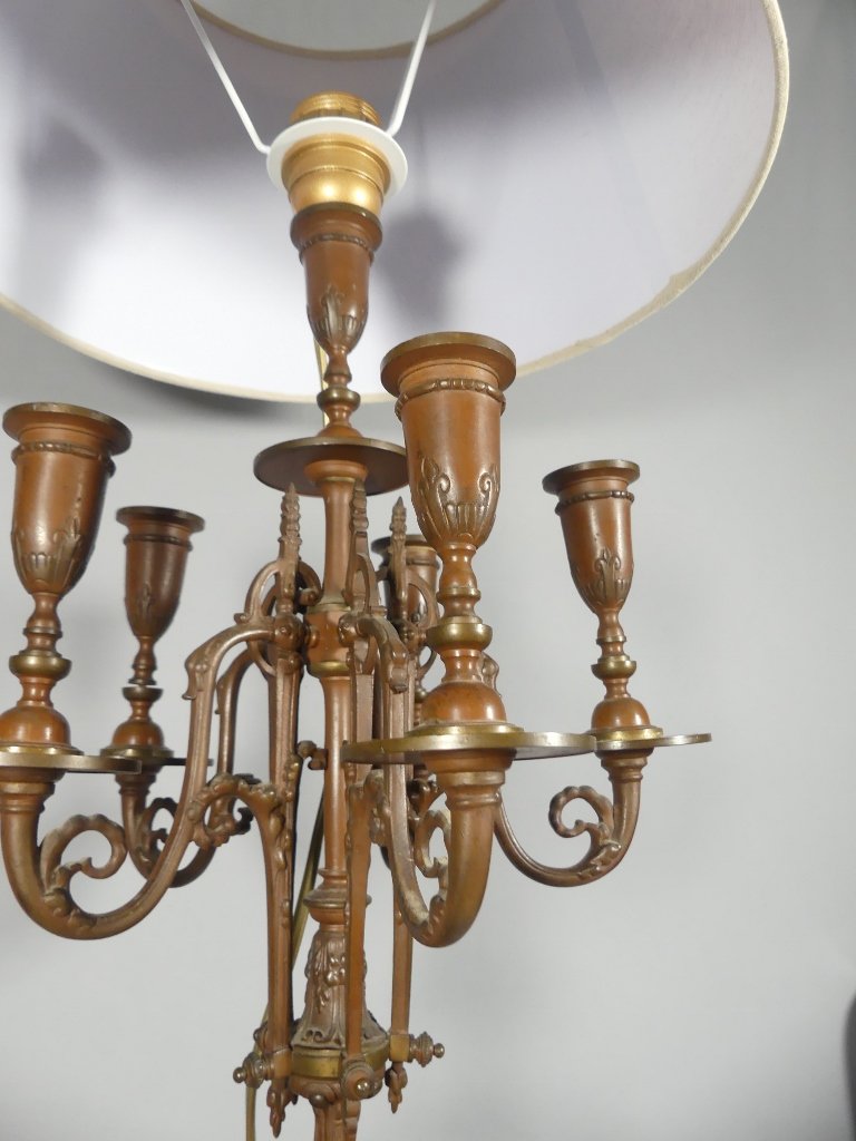 Importante lampe candélabre en bronze patiné à cinq bras de lumière – Époque Napoléon III, XIXe-photo-8