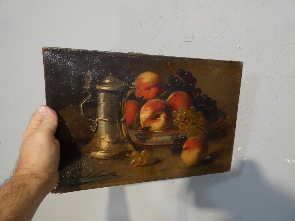 Brunel De Neuville, Peaches And Grapes, Small Still Life, Oil On Canvas-photo-2