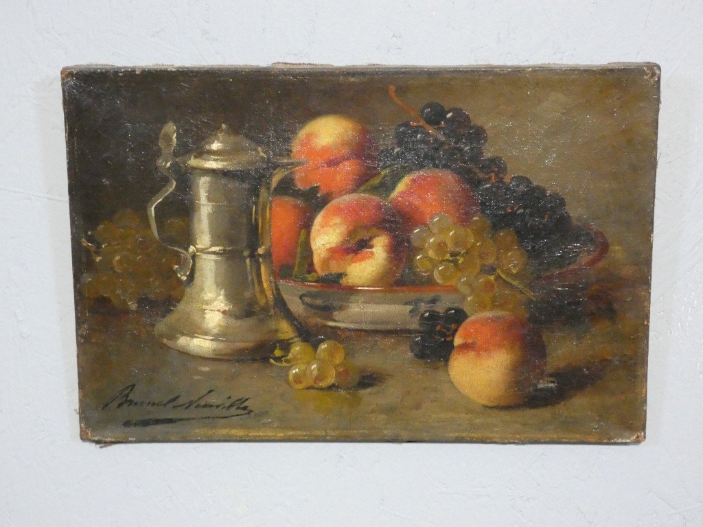 Brunel De Neuville, Peaches And Grapes, Small Still Life, Oil On Canvas-photo-3