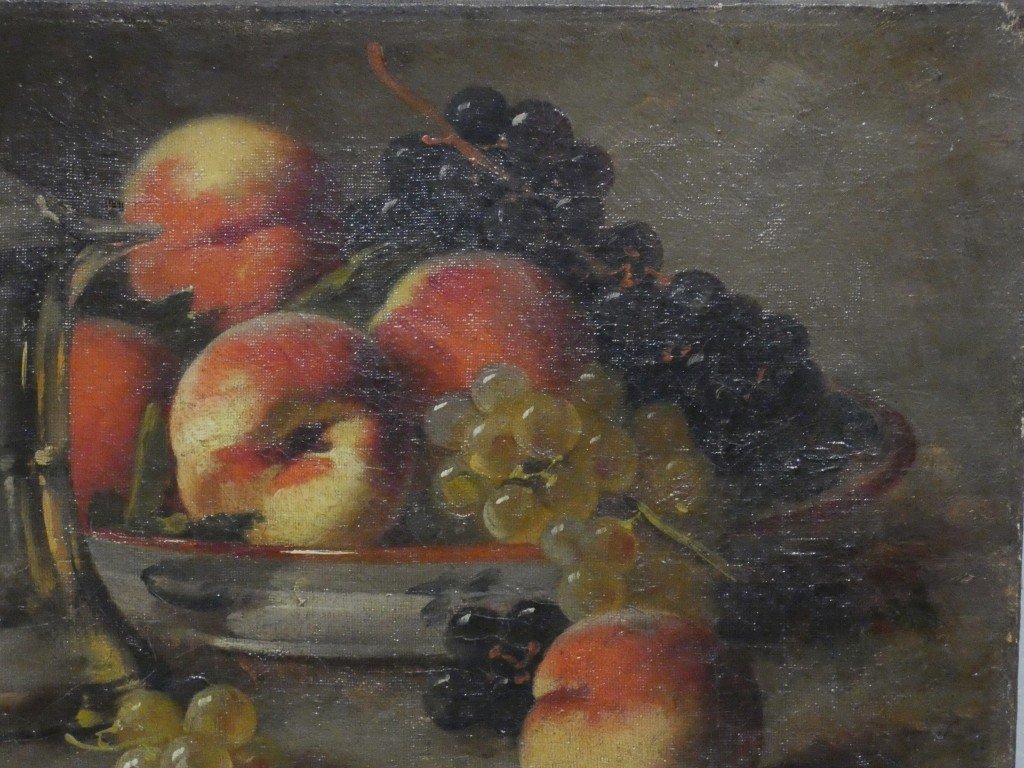 Brunel De Neuville, Peaches And Grapes, Small Still Life, Oil On Canvas-photo-1
