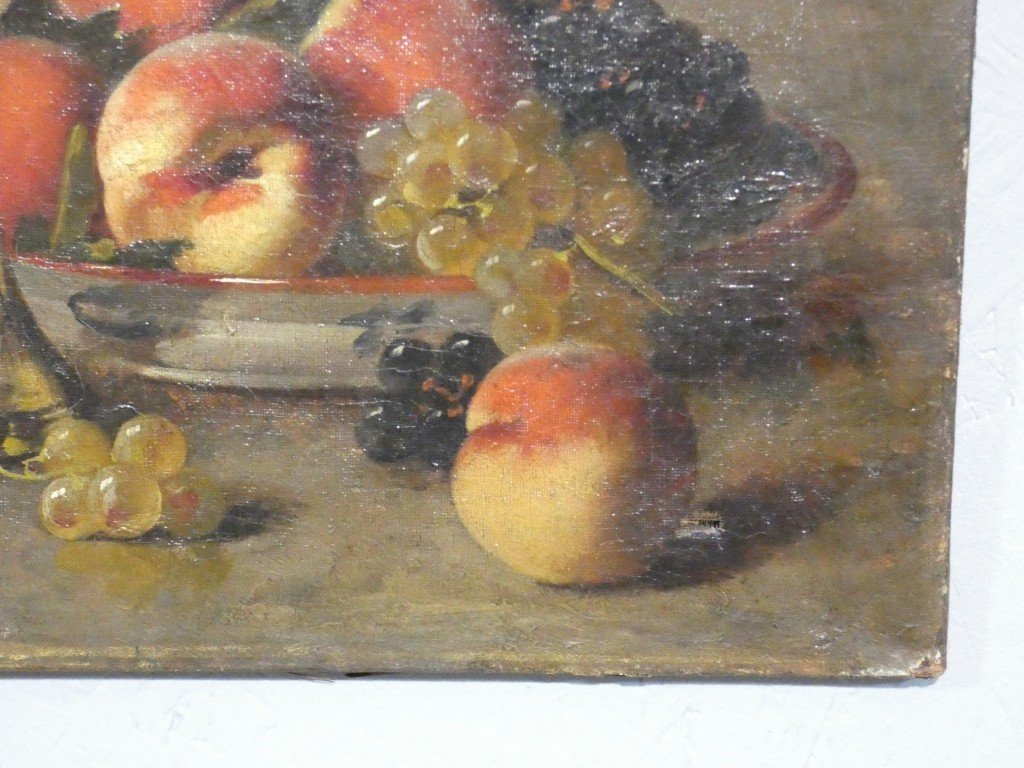 Brunel De Neuville, Peaches And Grapes, Small Still Life, Oil On Canvas-photo-2