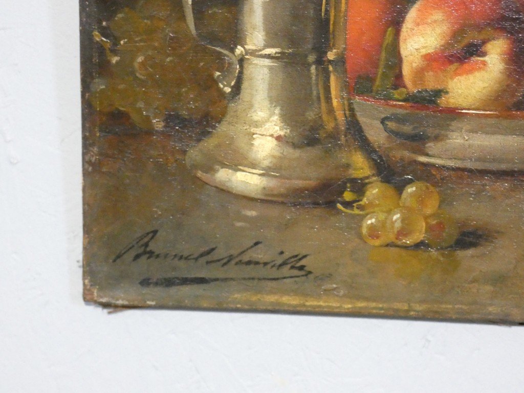 Brunel De Neuville, Peaches And Grapes, Small Still Life, Oil On Canvas-photo-3
