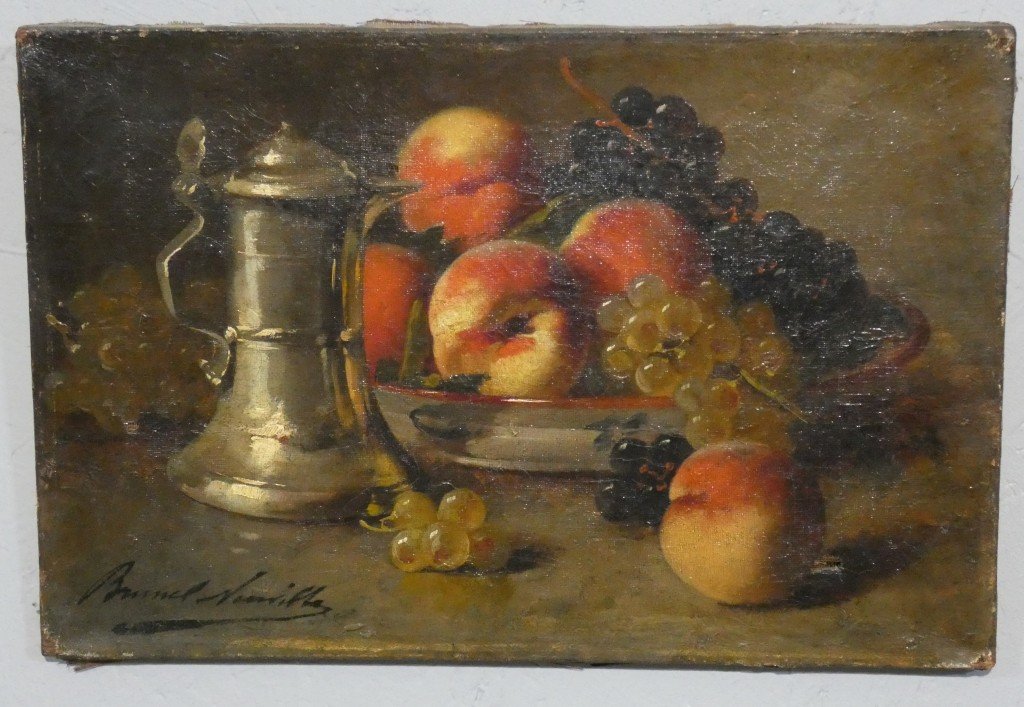 Brunel De Neuville, Peaches And Grapes, Small Still Life, Oil On Canvas