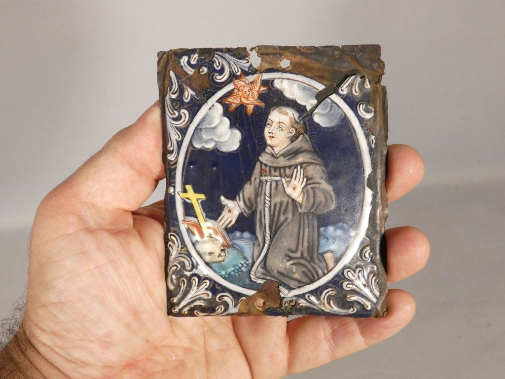Painted Limoges Enamel Plate Depicting Saint Francis Of Assisi Receiving The Stigmata – 17th Century-photo-3