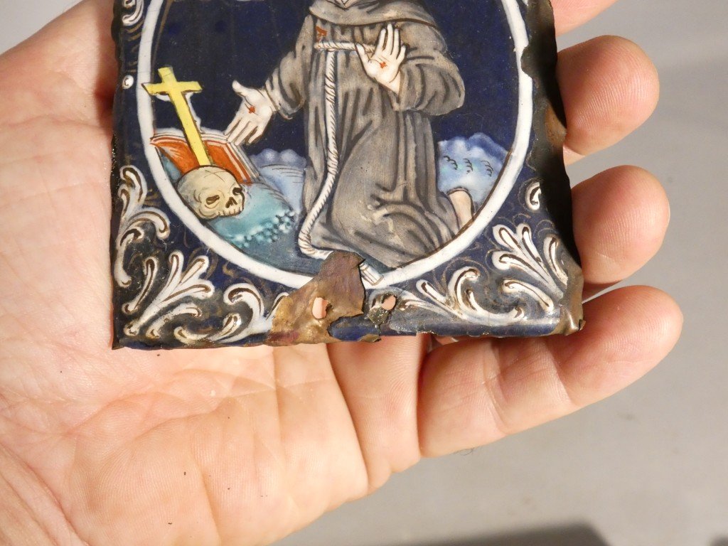 Painted Limoges Enamel Plate Depicting Saint Francis Of Assisi Receiving The Stigmata – 17th Century-photo-1