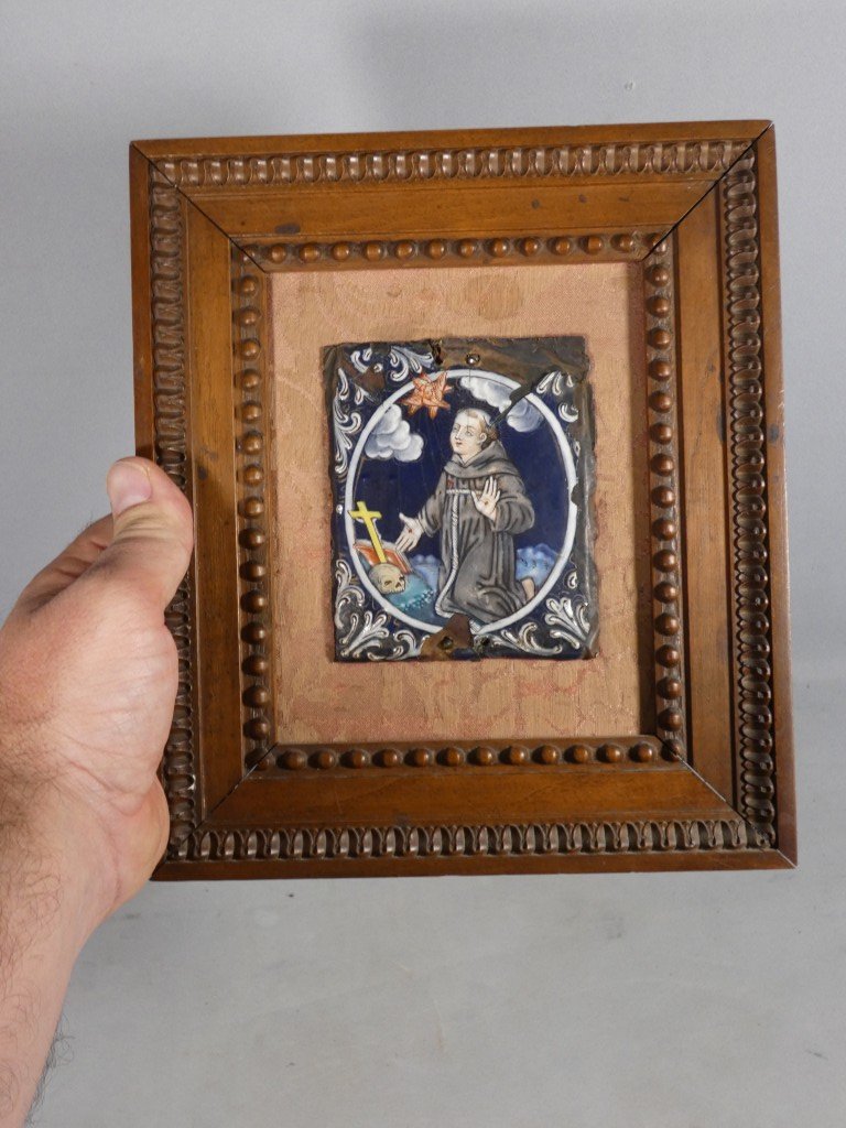 Painted Limoges Enamel Plate Depicting Saint Francis Of Assisi Receiving The Stigmata – 17th Century-photo-4