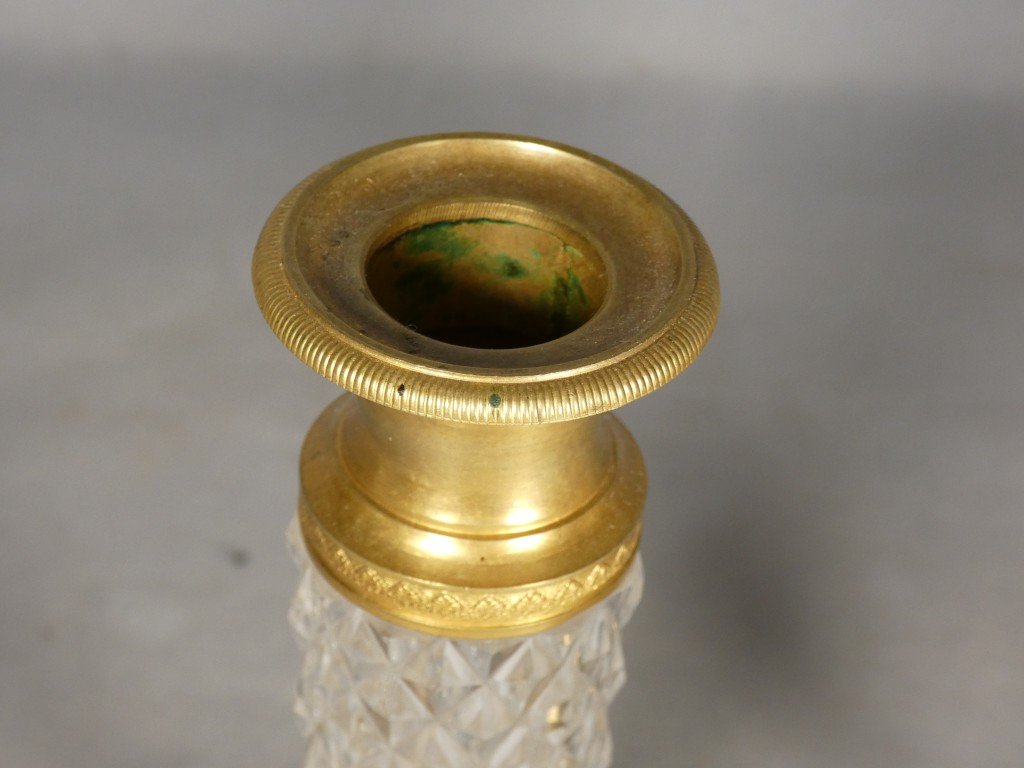 Paire de bougeoirs d’époque Empire en bronze doré et cristal taillé – début XIXe siècle-photo-4