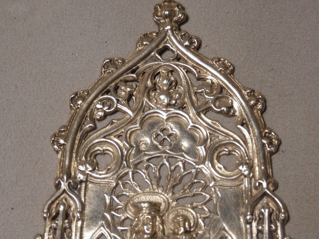 Solid Silver Devotional Font Depicting The Virgin And Child—neo-gothic Style, 19th Century-photo-2