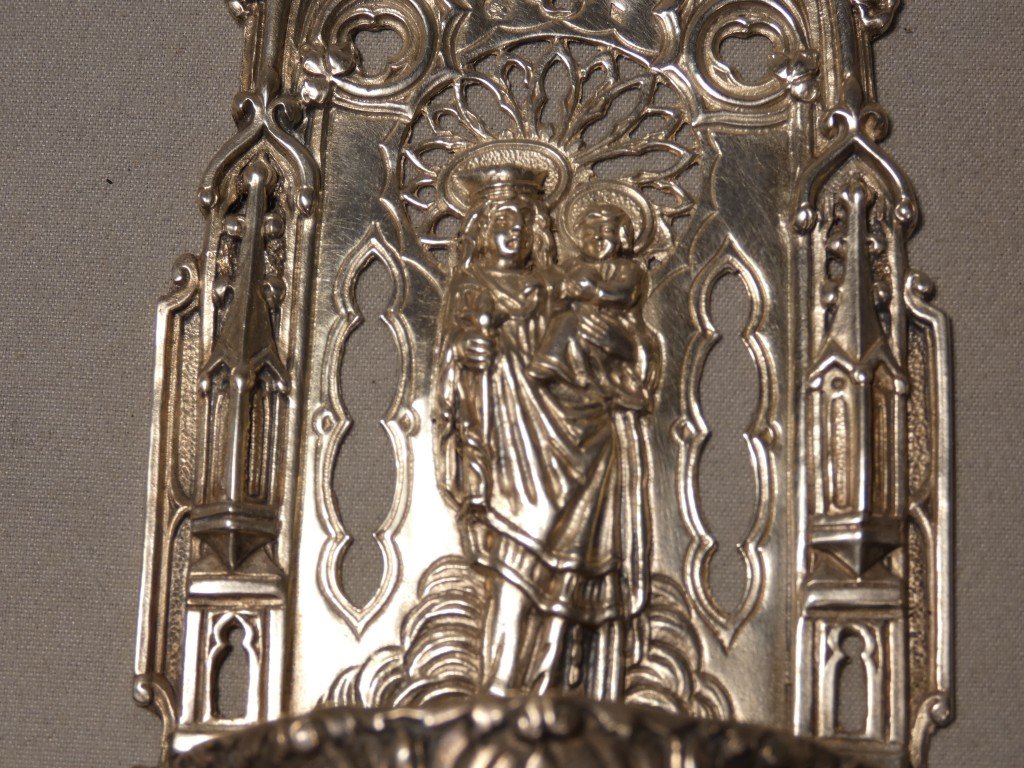 Solid Silver Devotional Font Depicting The Virgin And Child—neo-gothic Style, 19th Century-photo-3