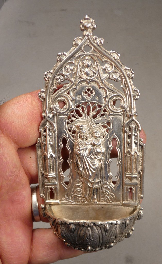 Solid Silver Devotional Font Depicting The Virgin And Child—neo-gothic Style, 19th Century-photo-1