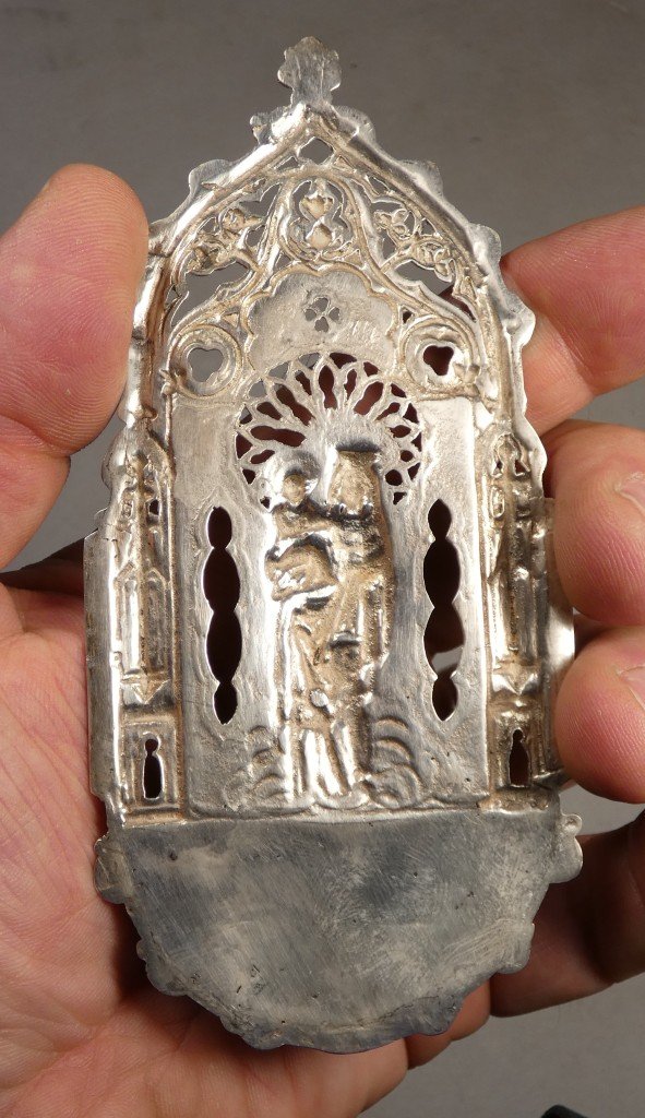 Solid Silver Devotional Font Depicting The Virgin And Child—neo-gothic Style, 19th Century-photo-2