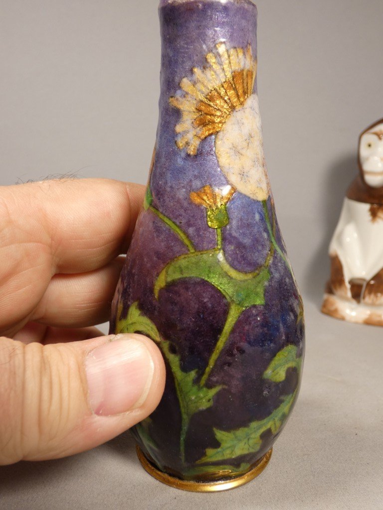Paul Bonnaud à Limoges – Vase soliflore en émail à décor floral Art nouveau, vers 1900-1910-photo-4