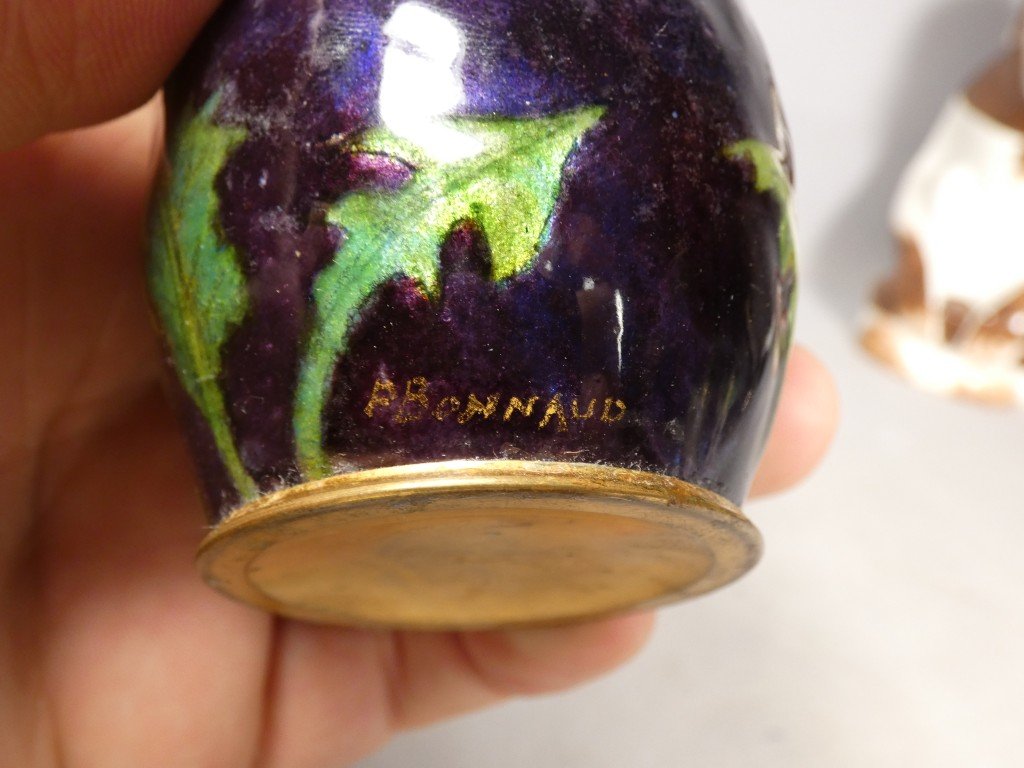 Paul Bonnaud à Limoges – Vase soliflore en émail à décor floral Art nouveau, vers 1900-1910-photo-2
