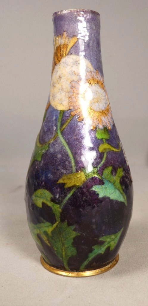 Paul Bonnaud à Limoges – Vase soliflore en émail à décor floral Art nouveau, vers 1900-1910