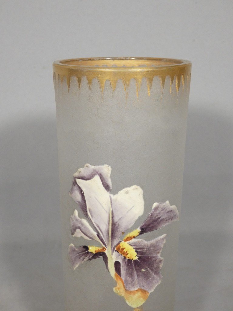Frosted Glass Cylindrical Vase With Enameled Iris Design And Gold Accents – Art Nouveau Period, 1910-photo-2