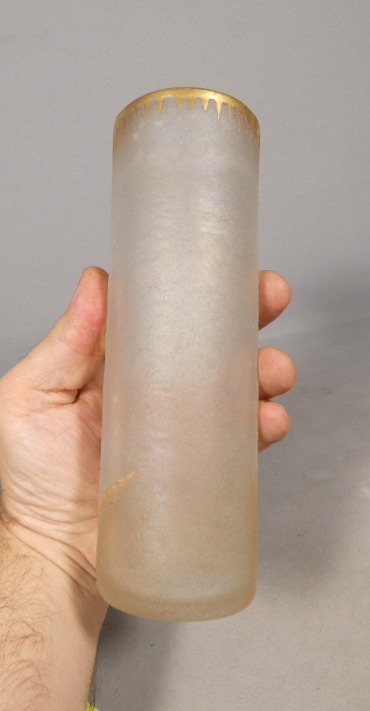 Frosted Glass Cylindrical Vase With Enameled Iris Design And Gold Accents – Art Nouveau Period, 1910-photo-6