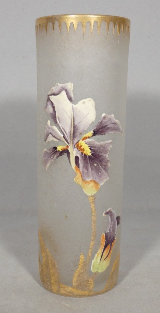 Frosted Glass Cylindrical Vase With Enameled Iris Design And Gold Accents – Art Nouveau Period, 1910