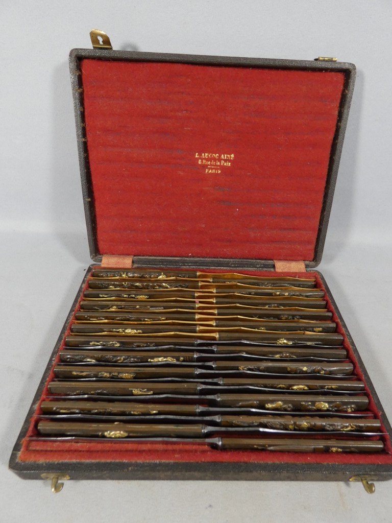 Set Of 24 Japanese Knives In Patinated And Gilded Bronze, Meiji Period – Aucoc Aîné Case-photo-1