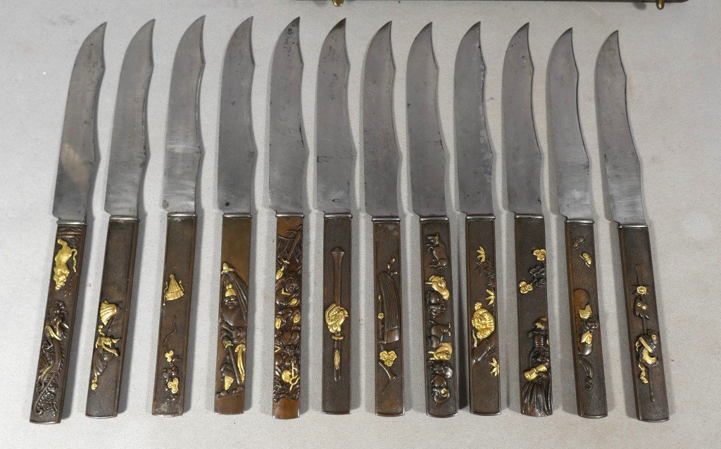 Set Of 24 Japanese Knives In Patinated And Gilded Bronze, Meiji Period – Aucoc Aîné Case-photo-3