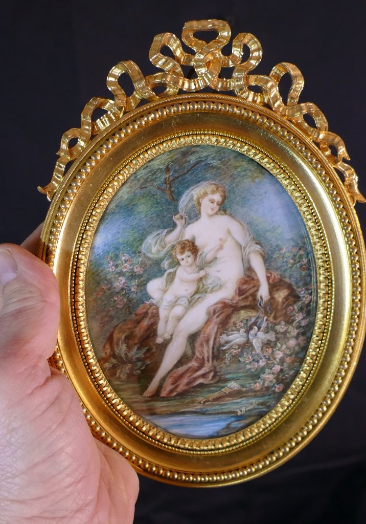 "venus And Love" After François Boucher – Large Miniature, Gilded Bronze Frame By Henri Picard-photo-2