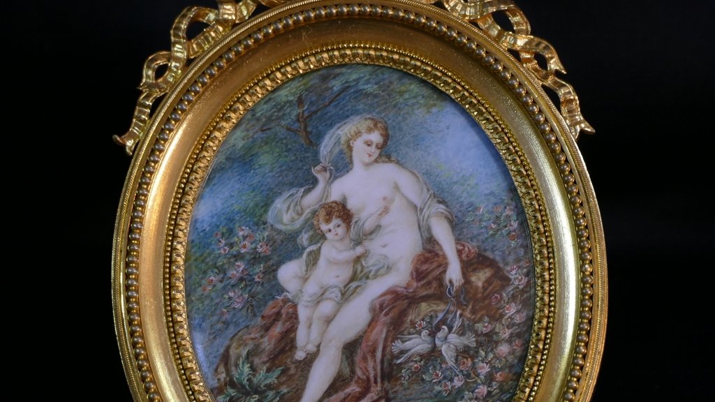 "venus And Love" After François Boucher – Large Miniature, Gilded Bronze Frame By Henri Picard-photo-3