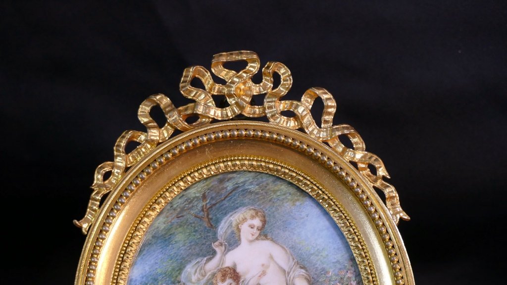 "venus And Love" After François Boucher – Large Miniature, Gilded Bronze Frame By Henri Picard-photo-4