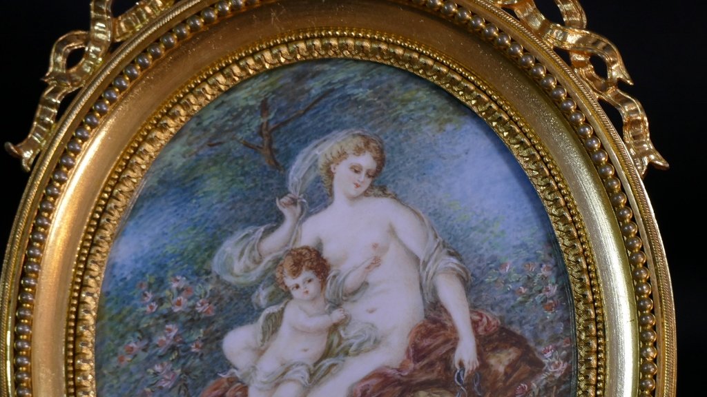 "venus And Love" After François Boucher – Large Miniature, Gilded Bronze Frame By Henri Picard-photo-1