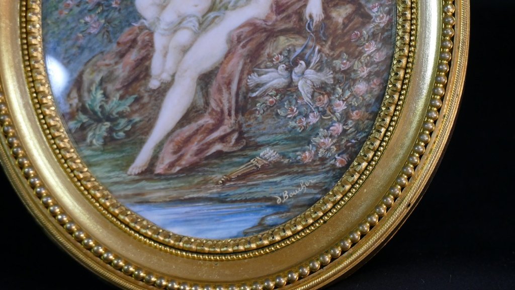 "venus And Love" After François Boucher – Large Miniature, Gilded Bronze Frame By Henri Picard-photo-2