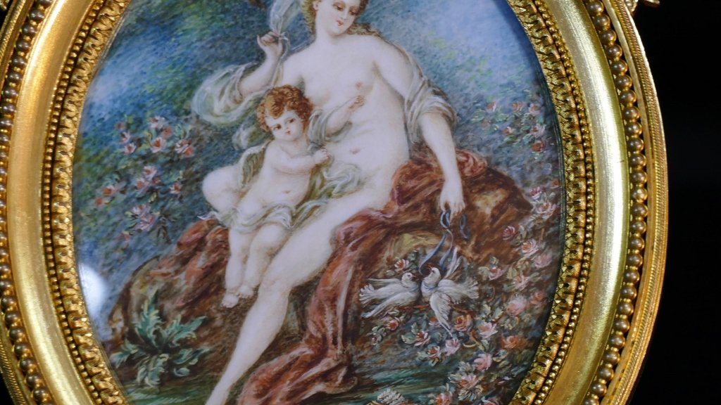 "venus And Love" After François Boucher – Large Miniature, Gilded Bronze Frame By Henri Picard-photo-3