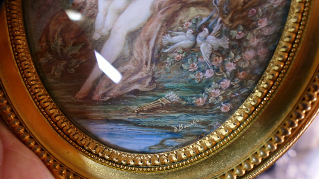 "venus And Love" After François Boucher – Large Miniature, Gilded Bronze Frame By Henri Picard-photo-5