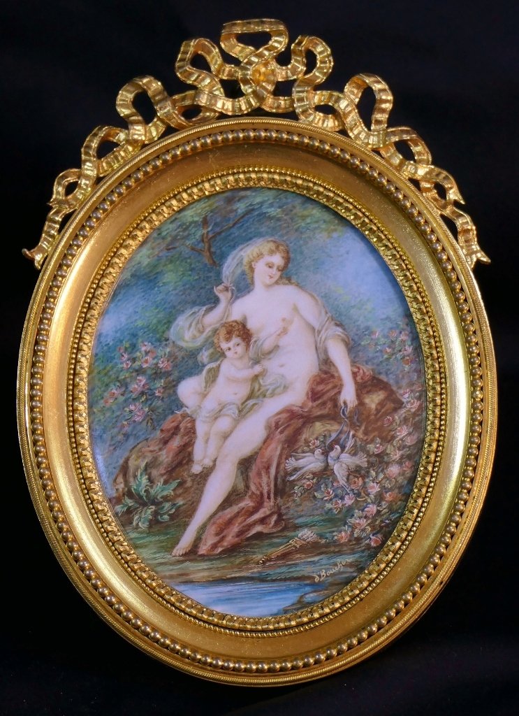 "venus And Love" After François Boucher – Large Miniature, Gilded Bronze Frame By Henri Picard