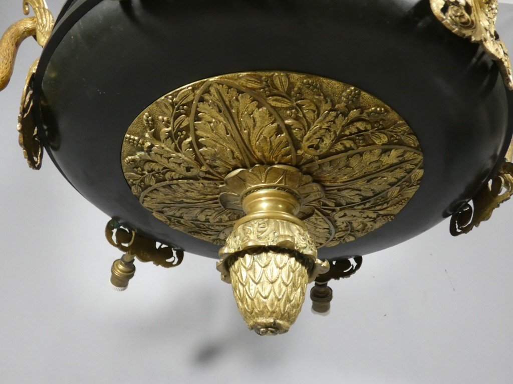 Grand lustre de style Empire en bronze doré et tôle patinée à décor de cygnes – Vers 1900-photo-4