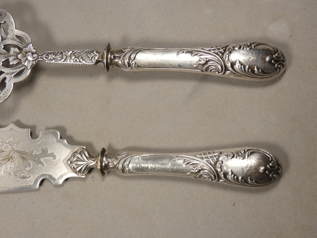 Service à poisson en métal argenté à décor rocaille Louis XV – Époque Napoléon III, XIXe siècle-photo-2