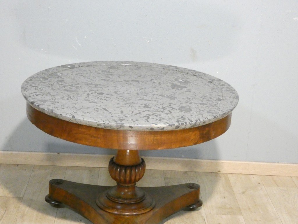 Antique Restoration Side Table In Walnut And Walnut Veneer, With Fossil-bearing Gray Marble – 19th Century -photo-2