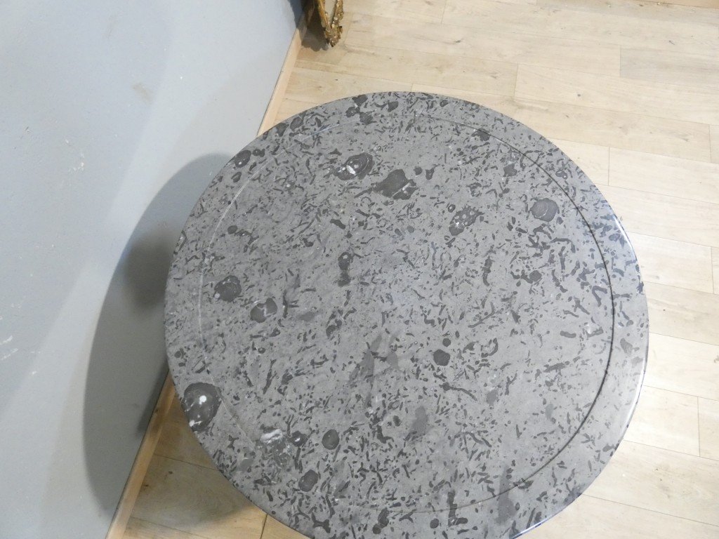 Antique Restoration Side Table In Walnut And Walnut Veneer, With Fossil-bearing Gray Marble – 19th Century -photo-3
