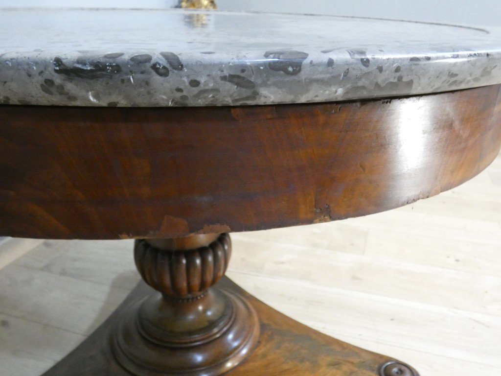 Antique Restoration Side Table In Walnut And Walnut Veneer, With Fossil-bearing Gray Marble – 19th Century -photo-1