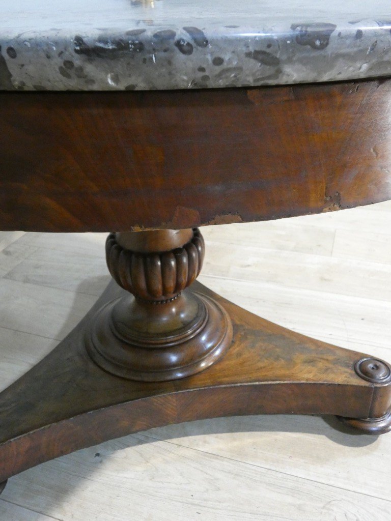 Antique Restoration Side Table In Walnut And Walnut Veneer, With Fossil-bearing Gray Marble – 19th Century -photo-2