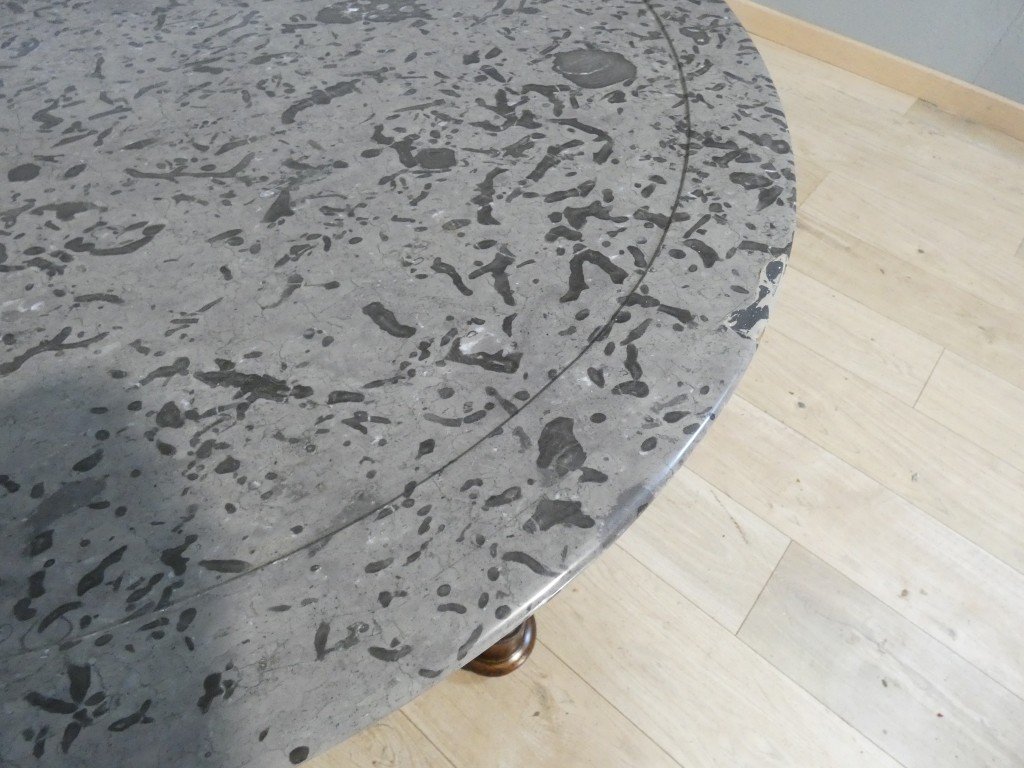 Antique Restoration Side Table In Walnut And Walnut Veneer, With Fossil-bearing Gray Marble – 19th Century -photo-5