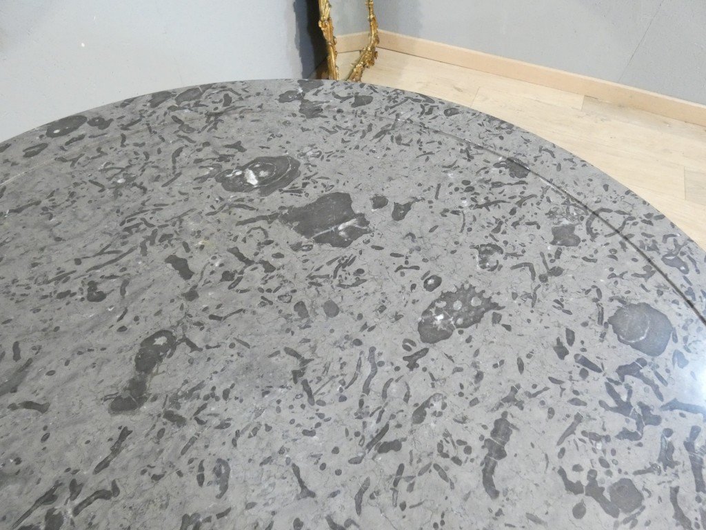 Antique Restoration Side Table In Walnut And Walnut Veneer, With Fossil-bearing Gray Marble – 19th Century -photo-6