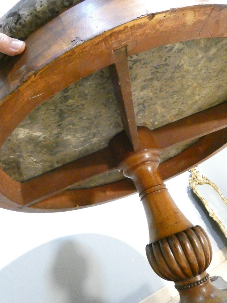 Antique Restoration Side Table In Walnut And Walnut Veneer, With Fossil-bearing Gray Marble – 19th Century -photo-8