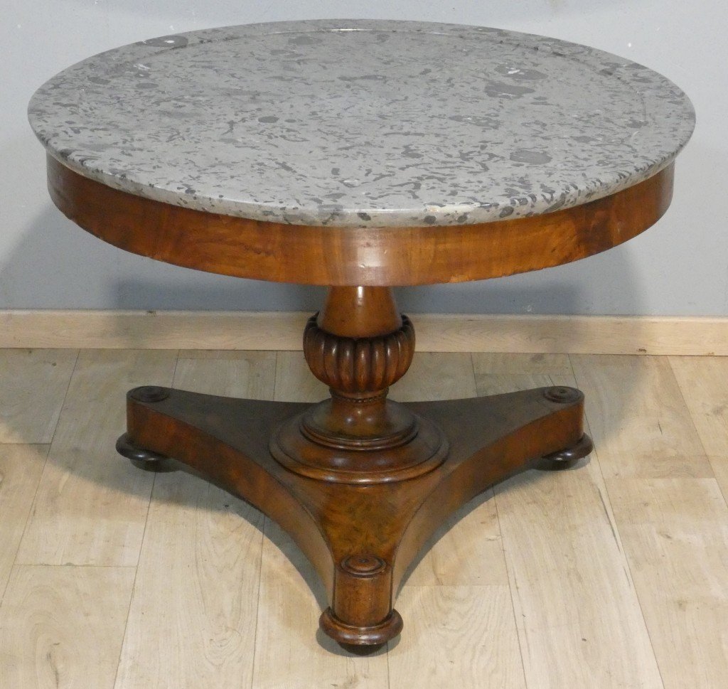 Antique Restoration Side Table In Walnut And Walnut Veneer, With Fossil-bearing Gray Marble – 19th Century 