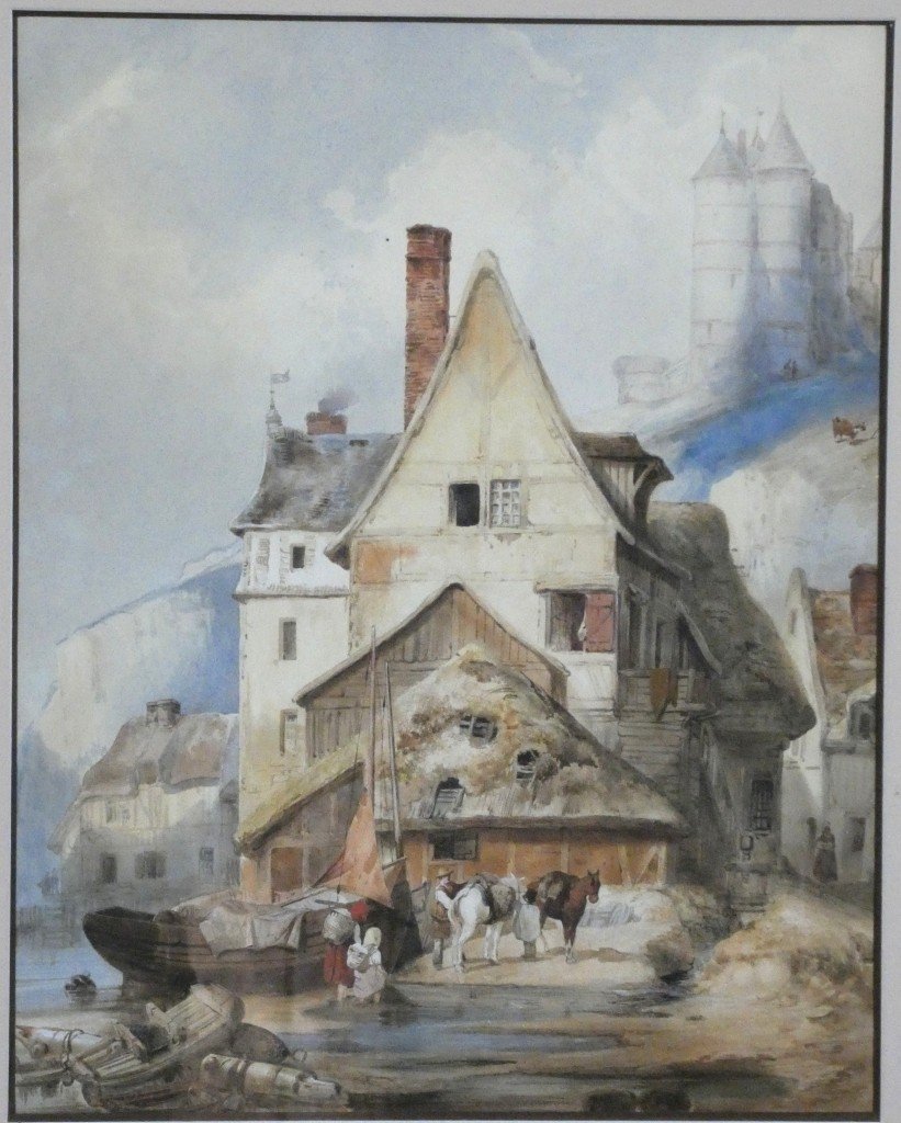 Grande aquarelle du XIXe siècle – Village médiéval animé en Normandie, chevaux et embarcations-photo-2