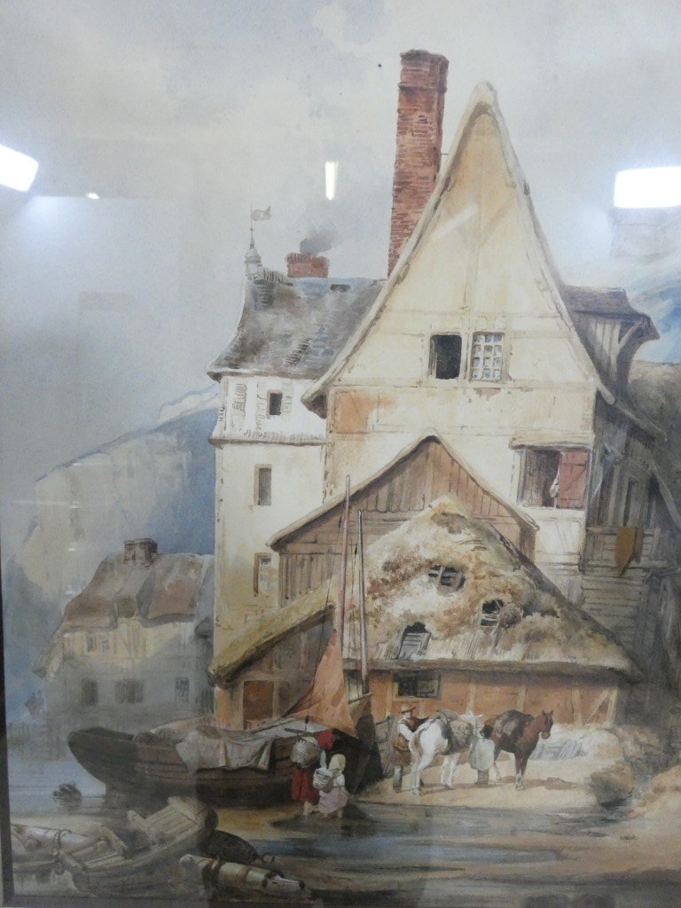 Grande aquarelle du XIXe siècle – Village médiéval animé en Normandie, chevaux et embarcations-photo-4